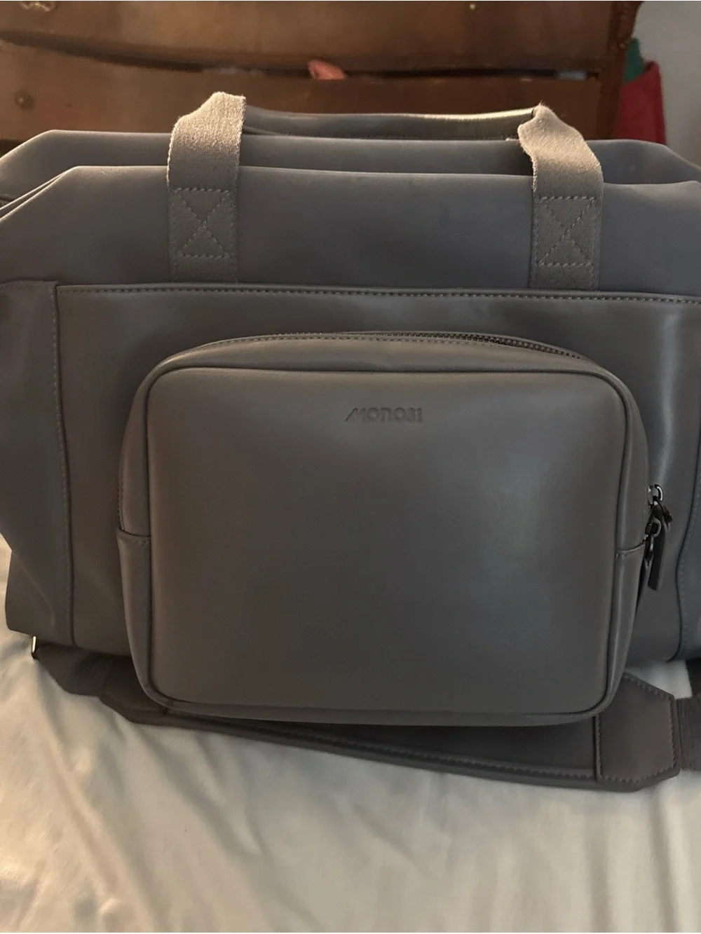 Monos Metro Duffel Bag Dove Gray Blue Weekender Carry On Vegan Leather Trolley